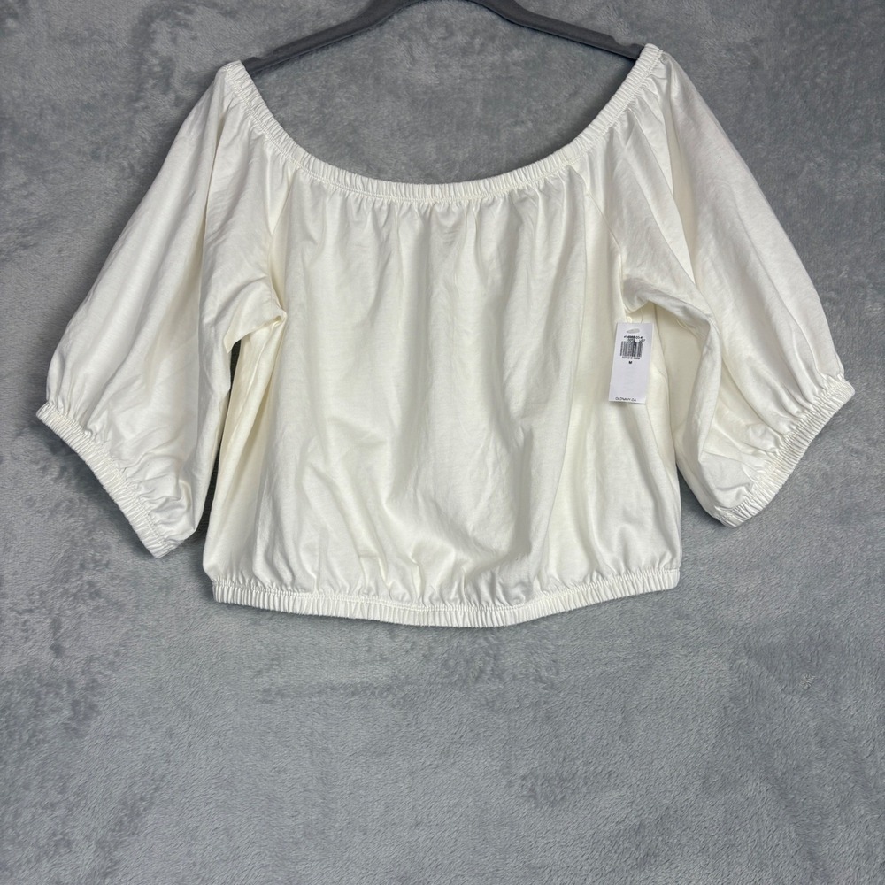 NWT Old Navy Off‎ The Shoulder Crop Top White Elastic Waist 3/4 Puff Sleeve M